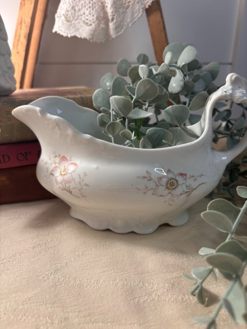 Antique Austrian Porcelain Gravy Boat with Light Pink and Yellow Floral Spray